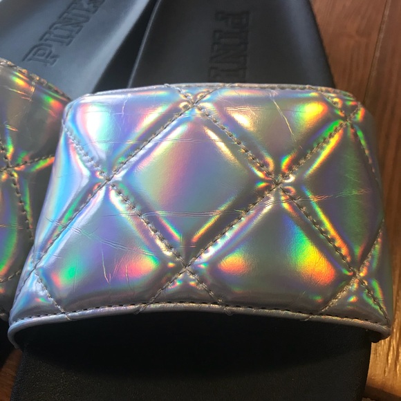 NEW VS PINK Quilted Iridescent Slides Sandals - Picture 2 of 5